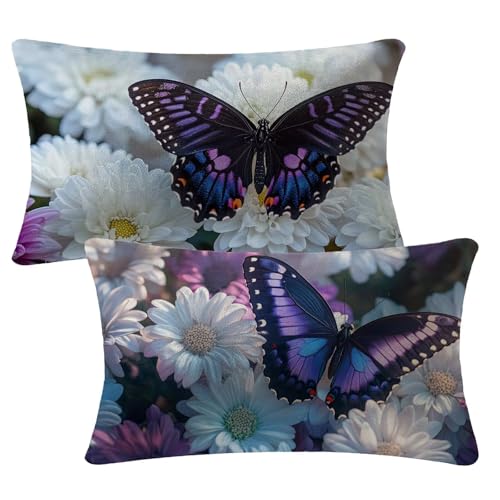 Kissenbezug Blumen Kissenhüllen 40x70 cm Deko Kissen Schmetterling Outdoor Kissen Wetterfest Samt Kissenbezug 2er Set mit Unsichtbarem Reißverschluss Pillow für Garten Terrasse Sofa Patio Dekor 2m-186 von Yuammgxi