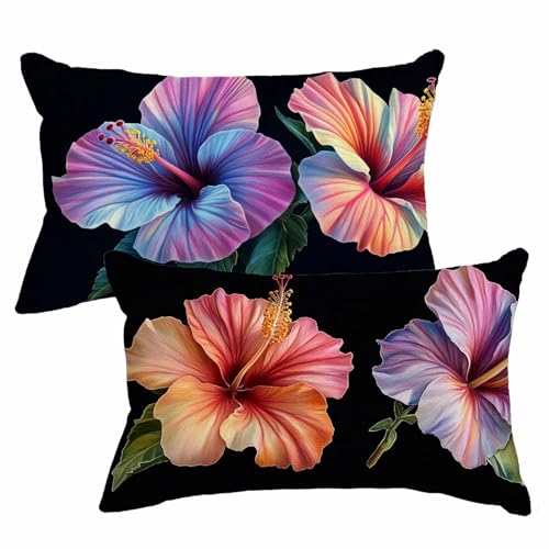 Kissenbezug Schwarz Kissenhüllen 30x50 cm Deko Kissen Blumen Outdoor Kissen Wetterfest Leinen Kissenbezug 2er Set mit Unsichtbarem Reißverschluss Pillow für Garten Terrasse Sofa Patio Dekor 2m-192 von Yuammgxi