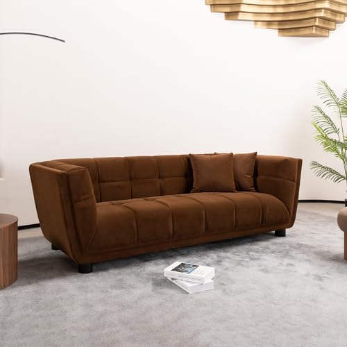 WKS13 Mid-Century Moderner Stil: Kamel-Sofa, schlicht, kleines quadratisches Design, Samtstoff-Textur, glatt, Retro-Mode, Massivholzfüße, 2-Personen-Design von YuanDesign