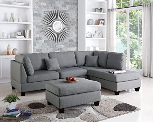 YuanDesign Graue Farbe, 3-teiliges geteiltes Wohnzimmermöbel, wendbares Chaiselongue und leinenähnliches Stoffkissen, Couch von YuanDesign