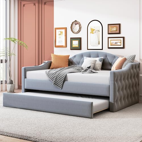 YuanDesign Tuftetes, gepolstertes Tagesbett mit Ausziehbett, Sofabett mit USB- und Typ-C-Ladeanschlüssen, kein Boxspring erforderlich, Grau von YuanDesign