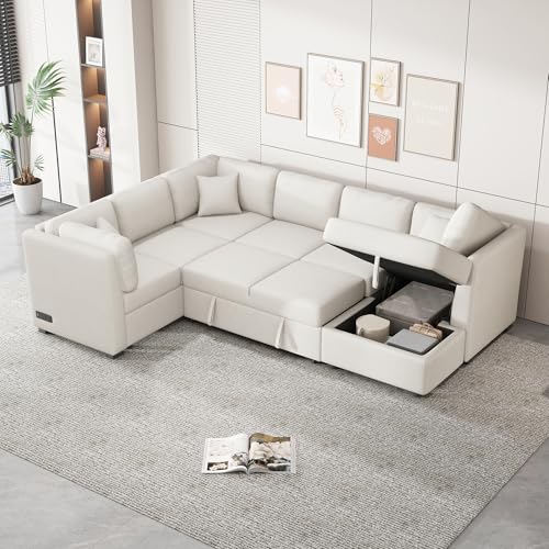 YuanDesign U-förmiges Sektionalsofa, ausziehbares Schlafsofa, 275,8 cm, mit zwei Anschlüssen, zwei Steckdosen, drei Rückenkissen und einem Aufbewahrungs-Chaise für Wohnzimmer, Beige von YuanDesign