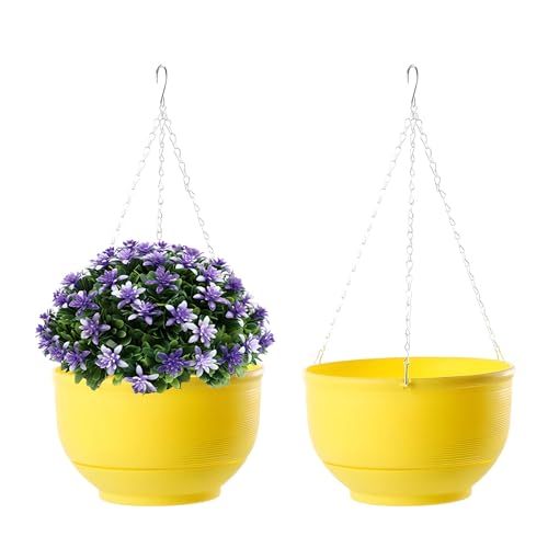 YuanDiann 2er Pack Hängende Blumentöpfe mit Abnehmbarem Tablett, Selbstabsorbierende Blumentopfkorb Plastik Hängepflanze Außen Innen Blumenampel Garten Dekoration Gelb 30cm von YuanDiann