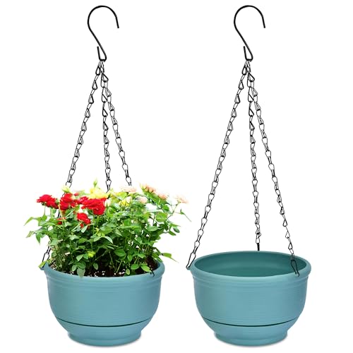 YuanDiann 2er Pack Hängende Blumentöpfe mit Abnehmbarem Tablett, Selbstabsorbierende Blumentopfkorb aus Kunststoff Hängepflanze Außen Innen Blumenampel Haus Balkon Garten Dekoration Grün 27.2cm von YuanDiann