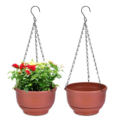 YuanDiann 2er Pack Hängende Blumentöpfe mit Abnehmbarem Tablett, Selbstabsorbierende Blumentopfkorb aus Kunststoff Hängepflanze Außen Innen Blumenampel Haus Balkon Garten Dekoration Ziegelrot 27.2cm von YuanDiann