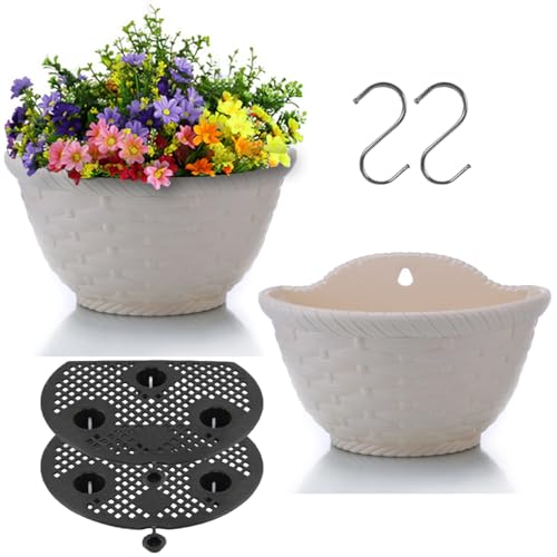 YuanDiann 2er Pack Wandmontage Blumentopf Halbrunder Hängender Garten Blumenkorb Balkon Innen Außen Deko Pflanzgefäß Blumenampel Selbstbewässerung mit Wasserspeicher 2# Beige L von YuanDiann