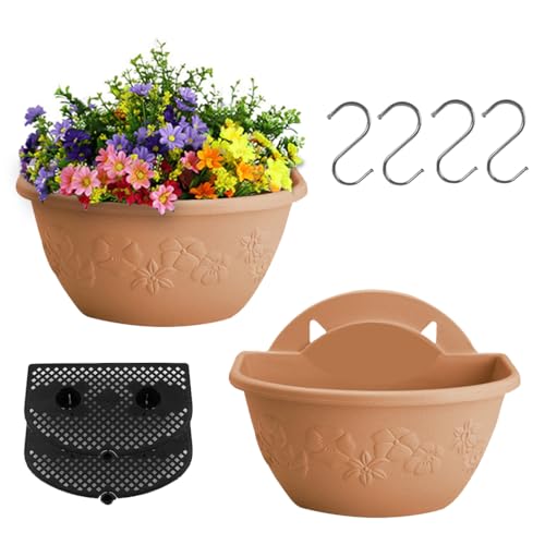 YuanDiann 2er Pack Wandmontage Blumentopf Halbrunder Hängender Garten Blumenkorb Balkon Innen Außen Deko Pflanzgefäß Blumenampel Selbstbewässerung mit Wasserspeicher 4# Hellbraun L von YuanDiann