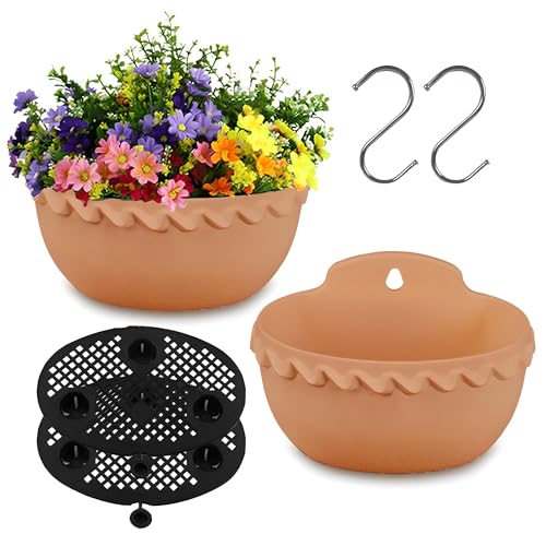 YuanDiann 2er Pack Wandmontage Blumentopf Halbrunder Hängender Garten Blumenkorb Balkon Innen Außen Deko Pflanzgefäß Blumenampel Selbstbewässerung mit Wasserspeicher 5# Hellbraun L von YuanDiann