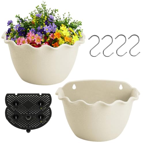 YuanDiann 2er Pack Wandmontage Blumentopf Halbrunder Hängender Garten Blumenkorb Balkon Innen Außen Deko Pflanzgefäß Blumenampel Selbstbewässerung mit Wasserspeicher 7# Beige L von YuanDiann