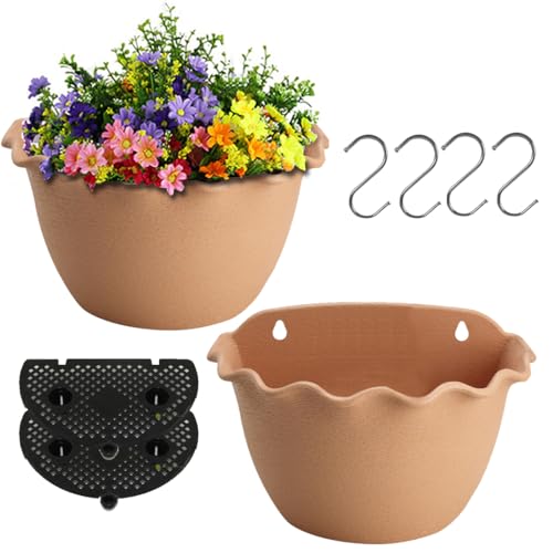 YuanDiann 2er Pack Wandmontage Blumentopf Halbrunder Hängender Garten Blumenkorb Balkon Innen Außen Deko Pflanzgefäß Blumenampel Selbstbewässerung mit Wasserspeicher 7# Hellbraun L von YuanDiann