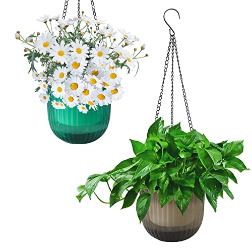 YuanDiann Hängend Blumentopf 2er Set, Selbstbewässernder Baumwollseil Hängepflanztopf Blumenampeln zum Aufhängen für Pflanzen Innen, Auße Grün + Grau ø16.5cm x 15cm von YuanDiann