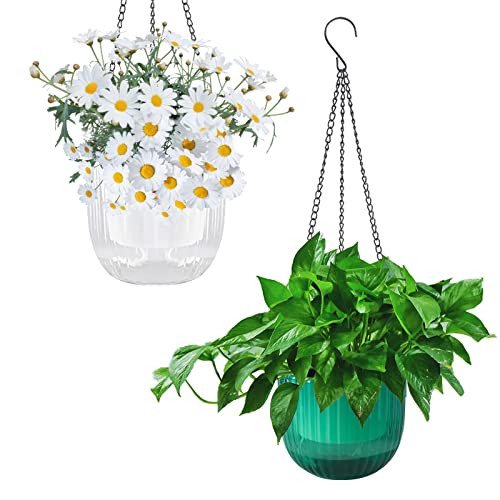 YuanDiann Hängend Blumentopf 2er Set, Selbstbewässernder Baumwollseil Hängepflanztopf Blumenampeln zum Aufhängen für Pflanzen Innen, Auße Transparent + Grün ø21cm x 20cm von YuanDiann