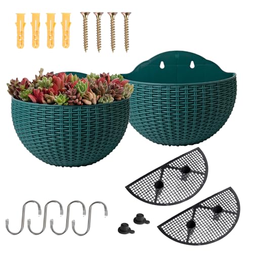 YuanDiann Wandmontage Blumentopf Halbrunder Rattanimitat Hängender Blumenkorb Balkon Innen Außen Garten Deko Pflanzgefäß Blumenampel Selbstbewässerung mit Wasserspeicher Dunkelgrün 2 Pack L von YuanDiann