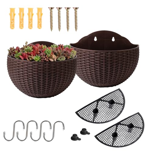 YuanDiann Wandmontage Blumentopf Halbrunder Rattanimitat Hängender Blumenkorb Balkon Innen Außen Garten Deko Pflanzgefäß Blumenampel Selbstbewässerung mit Wasserspeicher Kaffee 2 Pack L von YuanDiann