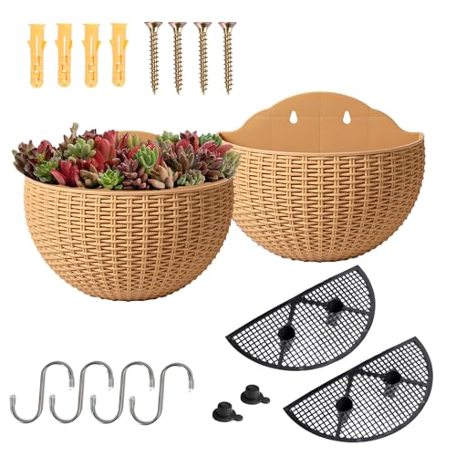 YuanDiann Wandmontage Blumentopf Halbrunder Rattanimitat Hängender Blumenkorb Balkon Innen Außen Garten Deko Pflanzgefäß Blumenampel Selbstbewässerung mit Wasserspeicher Khaki 2 Pack L von YuanDiann