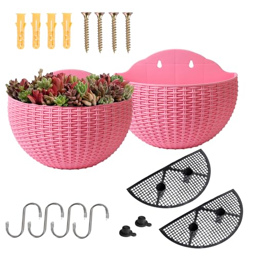 YuanDiann Wandmontage Blumentopf Halbrunder Rattanimitat Hängender Blumenkorb Balkon Innen Außen Garten Deko Pflanzgefäß Blumenampel Selbstbewässerung mit Wasserspeicher Rosa 2 Pack L von YuanDiann
