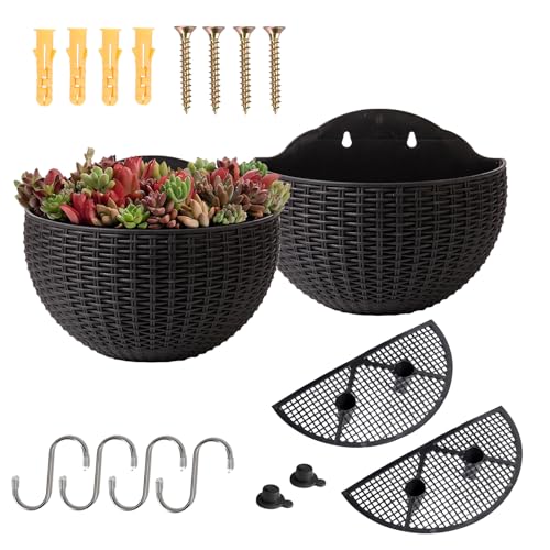 YuanDiann Wandmontage Blumentopf Halbrunder Rattanimitat Hängender Blumenkorb Balkon Innen Außen Garten Deko Pflanzgefäß Blumenampel Selbstbewässerung mit Wasserspeicher Schwarz 2 Pack L von YuanDiann