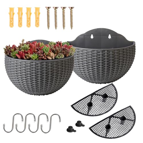 YuanDiann Wandmontage Blumentopf Halbrunder Rattanimitat Hängender Blumenkorb Balkon Innen Außen Garten Deko Pflanzgefäß Blumenampel Selbstbewässerung mit Wasserspeicher Silber Grau 2 Pack L von YuanDiann