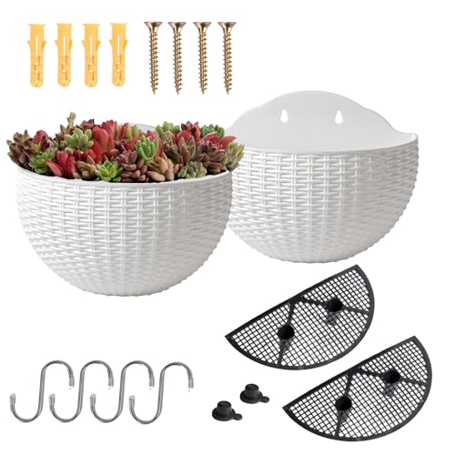 YuanDiann Wandmontage Blumentopf Halbrunder Rattanimitat Hängender Blumenkorb Balkon Innen Außen Garten Deko Pflanzgefäß Blumenampel Selbstbewässerung mit Wasserspeicher Weiß 2 Pack S von YuanDiann