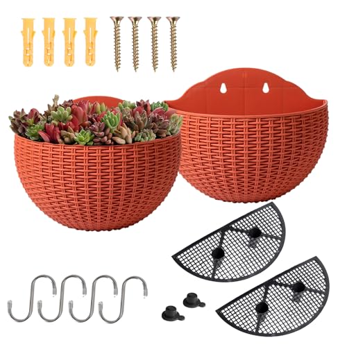 YuanDiann Wandmontage Blumentopf Halbrunder Rattanimitat Hängender Blumenkorb Balkon Innen Außen Garten Deko Pflanzgefäß Blumenampel Selbstbewässerung mit Wasserspeicher Ziegelrot 2 Pack S von YuanDiann