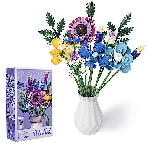 Yuandream Blumenstrauß Bausets, Künstliche Blumen mit Vase, Botanische Sammlung Bausteinspielzeug Dekorative Wohnaccessoires, Wildblumenstrauß Geschenke Set für Männer, Frauen, Kinder von Yuandream