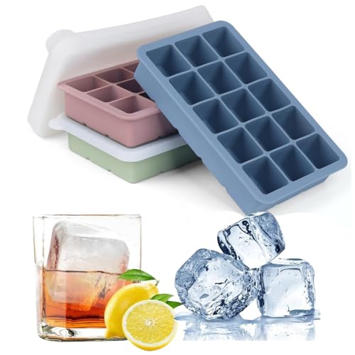 Yuandream Silikon Eiswürfelform mit Deckel, 3 Stück Eiswürfelbehälter 45-Fach 3.5cm Quadratische Eiswürfel Ice Cube Tray, Eiswürfelform Groß für Gefrierschrank, Whiskey, Cocktail, Getränke von Yuandream
