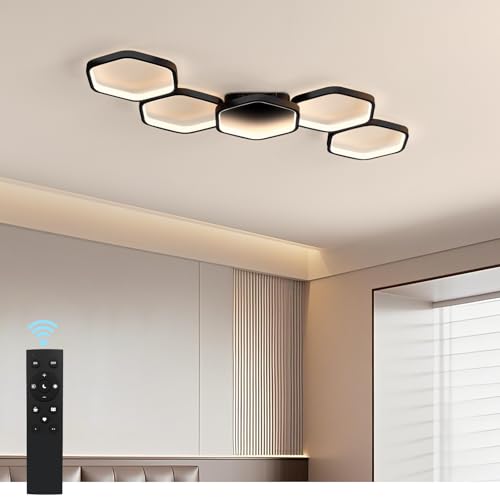 Yuanfenghua LED Deckenleuchte, Deckenlampe Dimmbar mit Fernbedienung Farbwechsel, Wohnzimmerlampe Schlafzimmer moderne Deckenbeleuchtung Kronleuchter Lampe, 90cm, Schwarz von Yuanfenghua