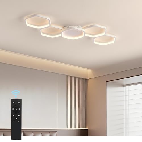 Yuanfenghua LED Deckenleuchte, Deckenlampe Dimmbar mit Fernbedienung Farbwechsel, Wohnzimmerlampe Schlafzimmer moderne Deckenbeleuchtung Kronleuchter Lampe, 90cm, Weiß von Yuanfenghua