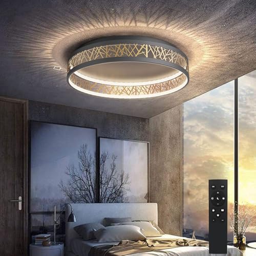 Yuanfenghua LED Deckenleuchte Mit Fernbedienung, Dimmbar Schlafzimmer Lampe, Rund Schwarz Gold Aushöhlen Design Wohnzimmer Deckenlamp Ø50×H12CM von Yuanfenghua
