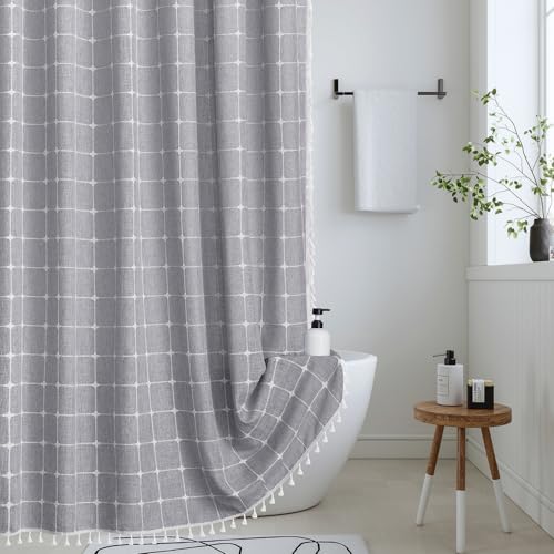 Yuanice Extra langer Duschvorhang, 213 cm, grauer Boho-Stil, Bauernhaus-Stoff, Duschvorhang-Set mit Quasten, Bohemian-Chic, Leinen, rustikales Waffelgewebe, strukturierter Duschvorhang für Badezimmer, Yuanice Extra langer Duschvorhang, 213 cm, grauer Boho-Stil, Bauernhaus-Stoff, Duschvorhang-Set mit Quasten, Bohemian-Chic, Leinen, rustikales Waffelgewebe, strukturierter Duschvorhang für Badezimmer, von Yuanice