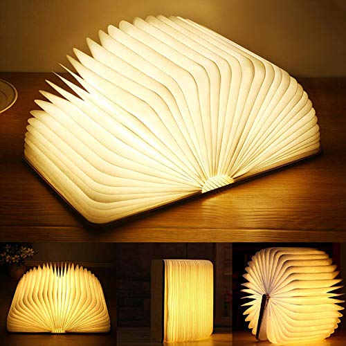 Yuanj LED Buchlampe, Hölzerne Buch Lampe, USB Aufladbare Buchlampen, Aurora Lampe Buch 360° Faltbar, Dekorative Lampen/Nachtlicht, Kreatives Geschenk für Frauen/Eltern/Kinder(2500mAh/warmweiß Licht) von YUANJ