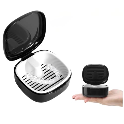 Yuannee Zahnprothesenbox mit Sieb,Zahnschiene Box Zahnspangendose Spangendose Gebissdose Prothesendose Zahnprothesen mit Hängender Zahnprothesenbehälter für Retainer Aligner (Schwarz) von Yuannee