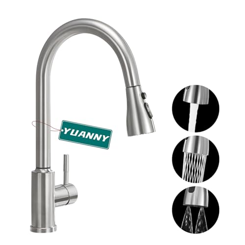 Wasserhahn Küche Küchenarmatur mit Ausziehbar, YUANNY 360 ° Drehbar Mischbatterie Küche Hochdruck, Edelstahl Spültischarmatur mit Brause Einhebelmischer Spültisch Armatur Küche mit 3 Strahlarten von Yuanny