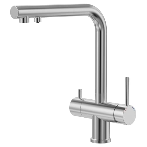 Wasserhahn Küche 3 Wege, 360° Drehbar Küchenarmatur, 3 in 1 Mischbatterie für Wasserfilter, Trinkwasserhahn mit 2 Hebel, Drei Wege Armatur Küche aus Edelstahl von Yuanny