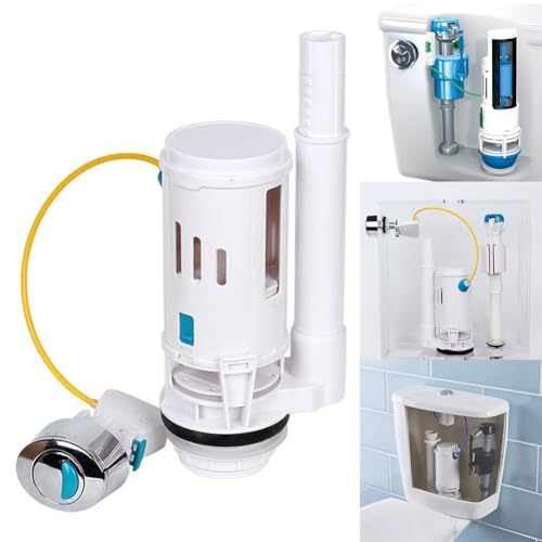Doppelspülung WC-Spülkastenventil mit ovalem Chromdruckknopf, 1,3 cm Gewinde, 5,1 cm Auslass, verstellbares Überlaufrohr 18,5–33 cm, ABS Weiß für die Reparatur von Zuhause und Badezimmer von Yuanpgky