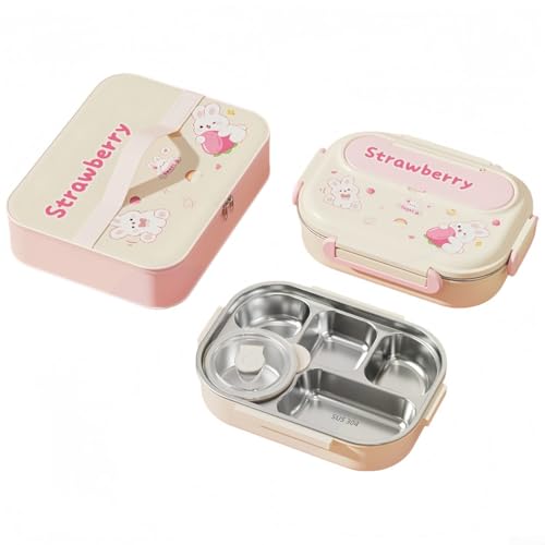Edelstahl-Lunchbox, 5 Fächer, auslaufsicher, Lebensmittelbehälter mit Tasche für Schule, Arbeit, Reisen, herausnehmbares Tablett, spülmaschinenfest (Rosa) von Yuanpgky