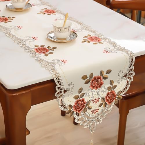 Spitzentischdecke, elegante Blume bestickte Spitzentischdecke Vintage Spitze Tischdecken rustikale Tischdecke Hochzeit Schnürsenkel Tischdecke für Partys Urlaub Abendessen (40 x 85 cm tiefrot) von Yuanpgky