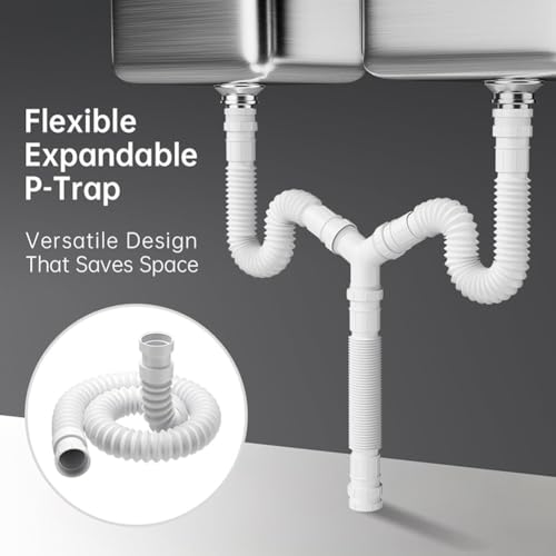 Verstellbares Doppel-Spülbeckenablauf-Set, 20–80 cm, flexibles P-Trap-Rohr, kompatibel mit G1-1/2 & G1-1/4 für Küche, Bad oder Waschtische, Weiß Verstellbares Doppel-Spülbeckenablauf-Set, 20–80 cm, flexibles P-Trap-Rohr, kompatibel mit G1-1/2 & G1-1/4 für Küche, Bad oder Waschtische, Weiß von Yuanpgky