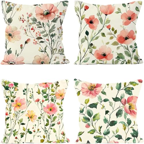 Kissenbezug 50x50cm Beige Outdoor Kissen Wetterfest Leinen Kissenbezüge Blumen Sofakissen 4er Set Doppelseitig Druck Quadrat Dekokissen für Sofa Schlafzimmer Balkon Deko Wohnzimmer Gartendeko Y6-673 von Yuaoihnn