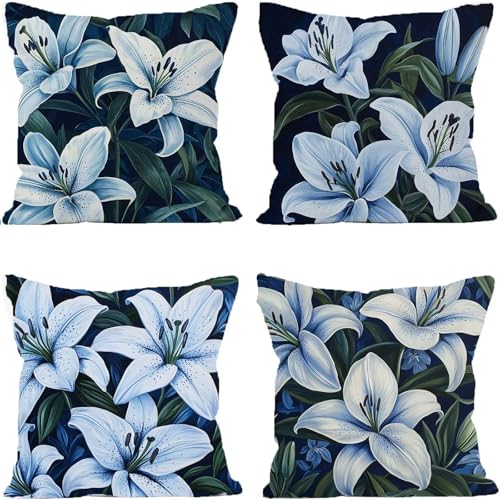 Kissenbezug 75x75cm Marine Outdoor Kissen Wetterfest Leinen Kissenbezüge Blumen Sofakissen 4er Set Doppelseitig Druck Quadrat Dekokissen für Sofa Schlafzimmer Balkon Deko Wohnzimmer Gartendeko Y6-693 von Yuaoihnn