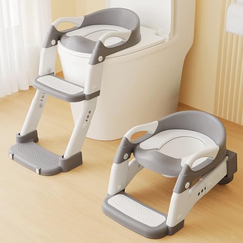 Yucch 2-in-1 Toilettensitz mit Treppe für Kinder – höhenverstellbar, rutschfest – WC Sitz mit abnehmbarem Topf & PU-Polster für bequemes Töpfchentraining (1–6 Jahre, Grau) von Yucch