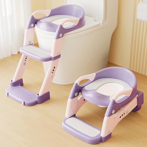Yucch Toilettensitz Kinder mit Treppe – Upgraded 2-in-1 Kind Toilettensitz höhenverstellbar, rutschfest – WC Sitz mit abnehmbarem Topf & weichem PU-Polster (1–6 Jahre, Rosa) von Yucch