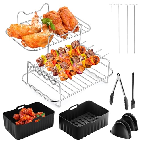Heißluftfritteuse Zubehör,Heißluftfritteuse Grillrost und Dämpfen Rack, 2 Stück Gitter für Heißluftfritteuse Grillrost,mit 4 Spießchen, 7in Airfryer Zubehör, Air Fryer Rack Set (Mit Backblech) von Yudobliss