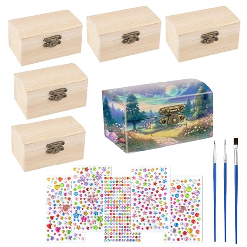Holzkiste Klein, 6 Stück Kleine hölzerne Schatzkiste, Kleine Holzkiste bemalen, Mini Schatzkiste, Rechteckige Holzschatzkiste, mit Aufklebern und Pinseln, für Geburtstagsfeiern und zum Heimwerken Holzkiste Klein, 6 Stück Kleine hölzerne Schatzkiste, Kleine Holzkiste bemalen, Mini Schatzkiste, Rechteckige Holzschatzkiste, mit Aufklebern und Pinseln, für Geburtstagsfeiern und zum Heimwerken von Yudobliss