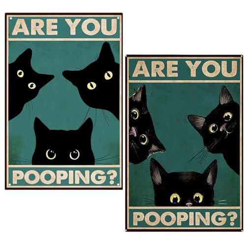 Lustige Badezimmer Wanddekoration, 2 Stück Katze Schild, Vintage Poster Blechschild, Badezimmer Wanddekoration, Schwarze Katze mit Englischem Text "Are You Pooping?“ Schwarze Katze Logo (20x30cm) von Yudobliss