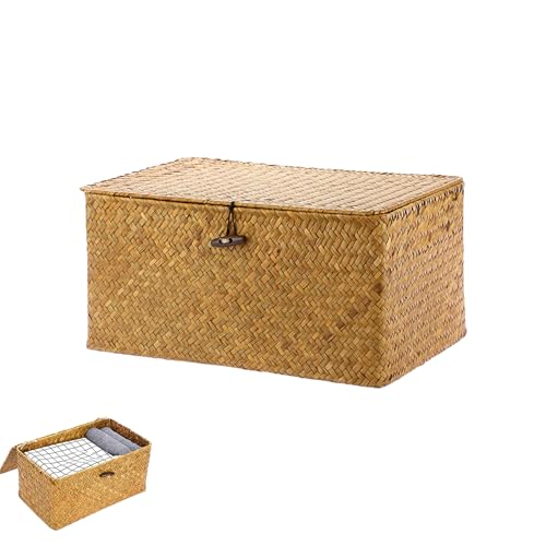 Rattankorb Aufbewahrungskorb aus Seegras, Geflochtener Korb mit Deckel, Rattankorb Aufbewahrungskorb, Handgewebte Aufbewahrungskörbe für Heim Organizer, für Spielzeug, Kleidung (M, Orange) von Yudobliss