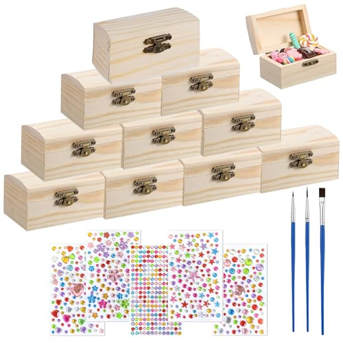 Yudobliss Holzkiste Klein, Satz von 10 Schmuckkästchen aus Holz, Kleine Holzkiste Bemalen, Mini Schatzkiste, Bastel Set, mit Aufklebern und Pinseln, für Geburtstagsfeiern und zum Heimwerken Yudobliss Holzkiste Klein, Satz von 10 Schmuckkästchen aus Holz, Kleine Holzkiste Bemalen, Mini Schatzkiste, Bastel Set, mit Aufklebern und Pinseln, für Geburtstagsfeiern und zum Heimwerken von Yudobliss