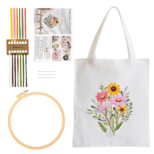 Sticken Set Erwachsene, Mit Blumenmuster Canvas Tasche Stickerei Set, DIY Canvas Tasche Stickset Handgefertigte Taschen, Stickset mit Stickrahmen und Anleitung, Kreuzstich Embroidery Tote Bag, Weiß von Yudobliss