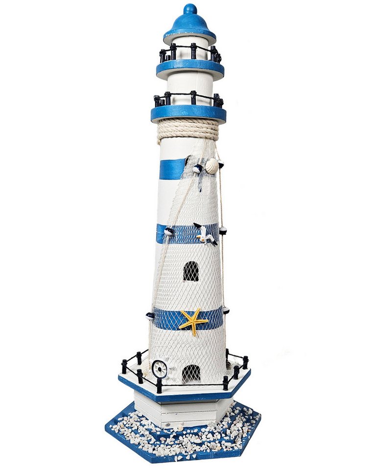 Yudu Dekofigur Deko-Leuchtturm Holz Fischernetz Seestern Seevögel Maritime H:57cm von Yudu