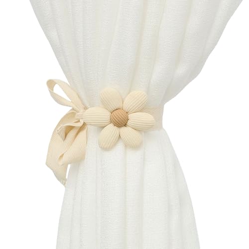 2 Stück Vorhang Raffhalter,Süße Blumen Deko Gardinen Gardinenband,Vorhang Halter für Mädchen Kinderzimmer,Schlafzimmer,Gardinen Seil,Verstellbar Gardinenraffer,Curtain Zusammenhalter (Cremefarben) von YueJieSelected